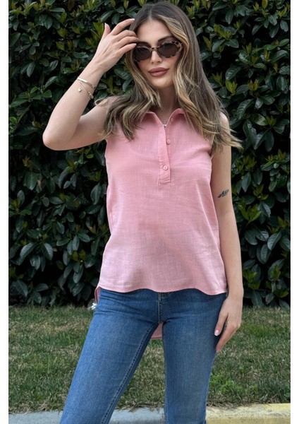 Kadın Pudra Basic Kesim, Yarım Patlı, Sıfır Kollu, Keten Bluz modelleri