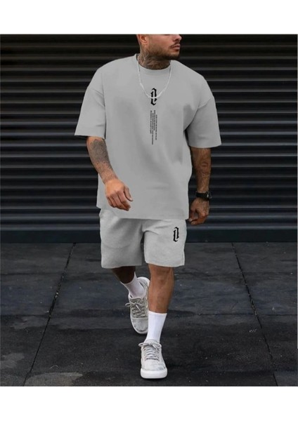 Erkek Dikey Yazı Baskılı Oversize Şort T-Shirt Takımı
