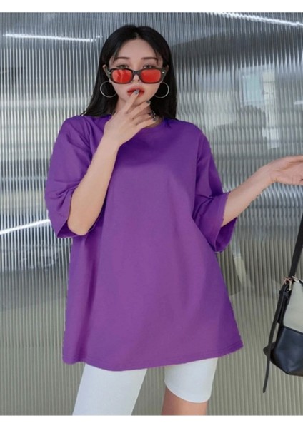 Oversize Basıc T-Shirt Kısa Kollu Bisiklet Yaka