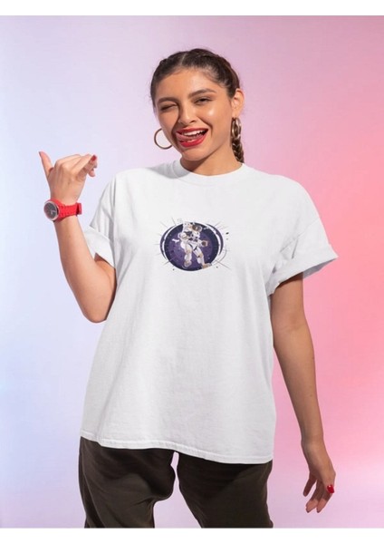 Unisex Oversize Astronot Baskılı T-Shirt Basic Kısa Kollu Bisiklet Yaka