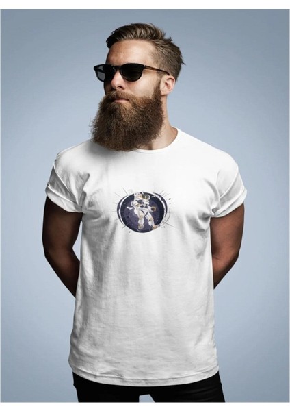 Unisex Oversize Astronot Baskılı T-Shirt Basic Kısa Kollu Bisiklet Yaka