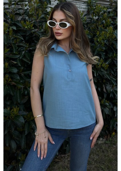 Kadın Mavi Basic Kesim, Yarım Patlı, Sıfır Kollu, Keten Bluz