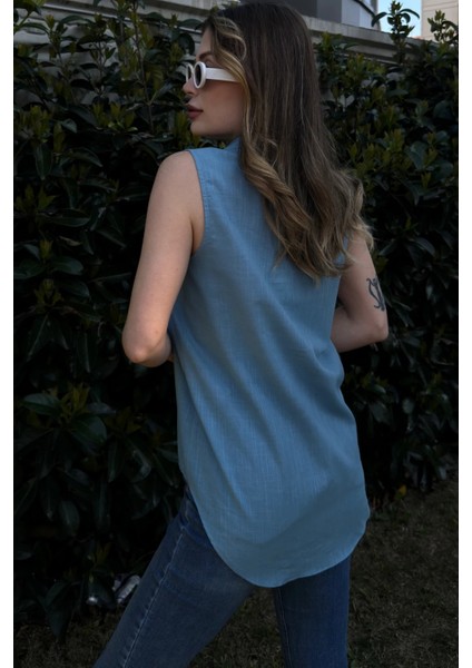 Kadın Mavi Basic Kesim, Yarım Patlı, Sıfır Kollu, Keten Bluz fiyatları