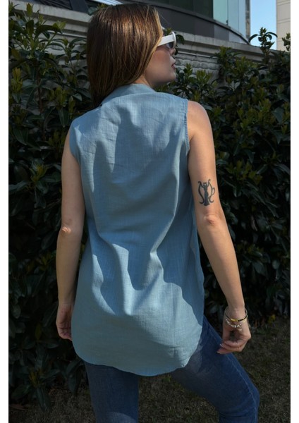 Kadın Mavi Basic Kesim, Yarım Patlı, Sıfır Kollu, Keten Bluz modelleri