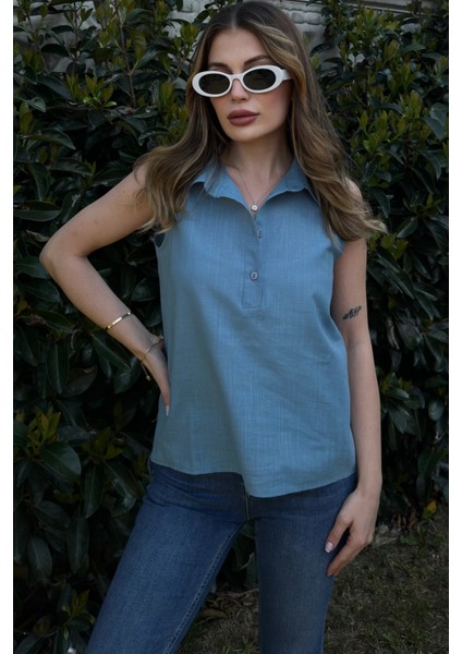Kadın Mavi Basic Kesim, Yarım Patlı, Sıfır Kollu, Keten Bluz fırsatları