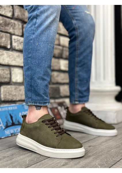 BA0336 Içi Dışı Hakiki Nubuk Deri Haki Bağcıklı Casual Erkek Ayakkabı