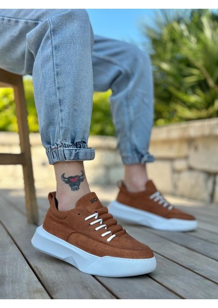 BA0332 Merdiven Desen Bağcıklı Erkek Yüksek Taban Taba Süet Beyaz Taban Spor Ayakkabı