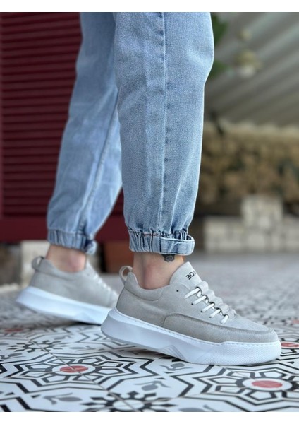 BA0332 Merdiven Desen Bağcıklı Erkek Yüksek Taban Gri Süet Beyaz Taban Spor Ayakkabı indirimleri