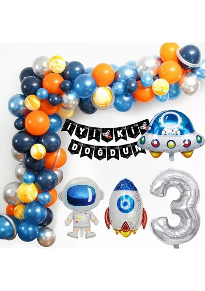Uzay Temalı Doğum Günü Seti 3 Yaş; 4 Adet Folyo, 50 Lateks Balon, Banner, Balon Zinciri, Balon Bandı