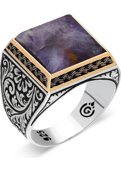 925 Ayar Gümüş Kalem Işlemeli Ametist Taşlı Erkek Yüzük