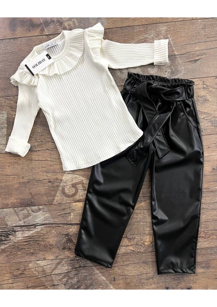 Kız Çocuk Fitilli Bluz ve Deri Pantalon Ikili Takım fırsatları