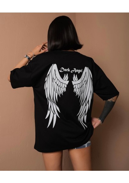 Büyük Beden Özel Tasarım Dark Angel Sırt Baskılı Pamuk Oversize Kadın T-Shırt