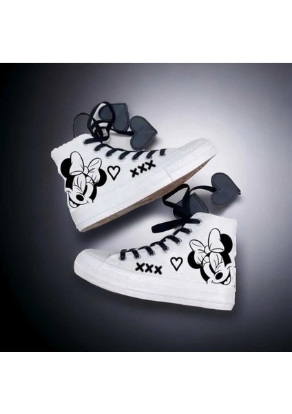 Minik Kız Fare Baskılı Kalp Bağcık Detay Çocuk Keten Ayakkabı Sneaker