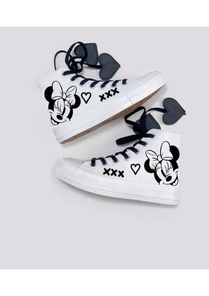 Minik Kız Fare Baskılı Kalp Bağcık Detay Çocuk Keten Ayakkabı Sneaker modelleri