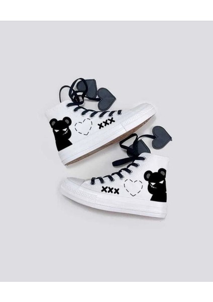 Gece Ayıcığı Baskılı Kalp Detay Çocuk Keten Ayakkabı Sneaker