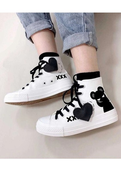 Gece Ayıcığı Baskılı Kalp Detay Çocuk Keten Ayakkabı Sneaker
