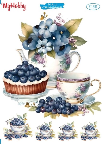 St 381 Fincan, Blueberry, Yabanmersini Desenli Sulu Transfer 25X35