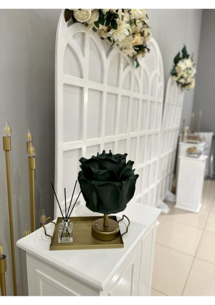 Dekor Yapay Eva Gül Kablosuz Masa Lambası Üst Yeşil-Alt Eskitme Gold ( 9V Pil 75-90 Saat)