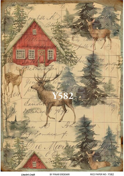 Y582 Kış, Geyik, Kar Manzarası Desenli Pirinç Dekopaj 30X42