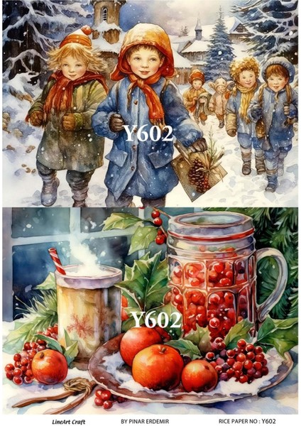 Y602 Kış, Kar Manzara, Içecek Desenli Pirinç Dekopaj 30X42