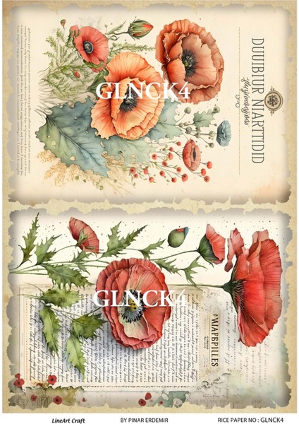 Gelincik Serisi Glnck4 Gelincik, Çiçek, Kırmızı Desen Pirinç Dekopaj 30X42