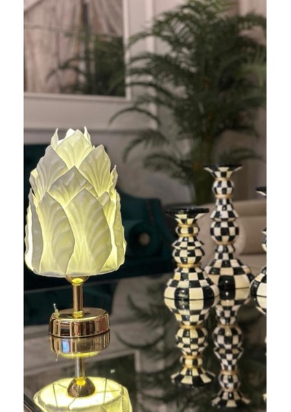 Dekor Yapay Eva Yaprak Desen Kablosuz Masa Lambası Beyaz-Alt Gold( 9V Pil 75-90 Saat)