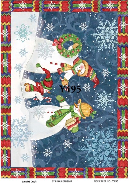 Y495 Joy To The World, Kardan Adam, Kırmızı, Yeşil Desenli Pirinç Dekopaj 30X42