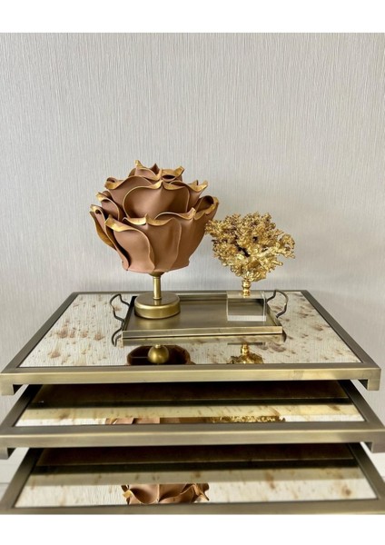 Dekor Yapay Eva Çiçeği Kablosuz Masa Lambası Üst Gold Kahve-Alt Eskitme GOLD(9V Pil 75-90 Saat)