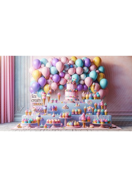 Balon ve Dondurma Temalı Parti Fonu – Mükemmel Fotoğraf Arkaplanı, 200X150, Arkaplan