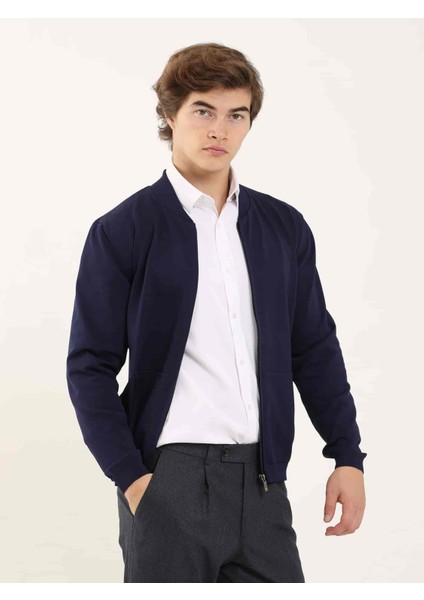 Lacivert Erkek Slim Fit Düz Bomber Yaka  Kazak - 96347