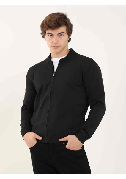 Siyah Erkek Slim Fit Düz Bomber Yaka Triko