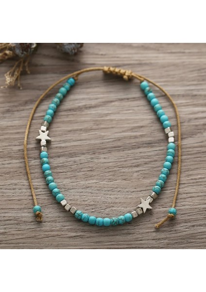 AJ0022 Ksra Bohemia Turkuaz Boncuk Kadınlar Için Halhal Vintage Halat Zincir Bacak Ayak Bileği Halhal Pentagram Yıldız Charm Bilezik Plaj Takı (Yurt Dışından) fırsatları