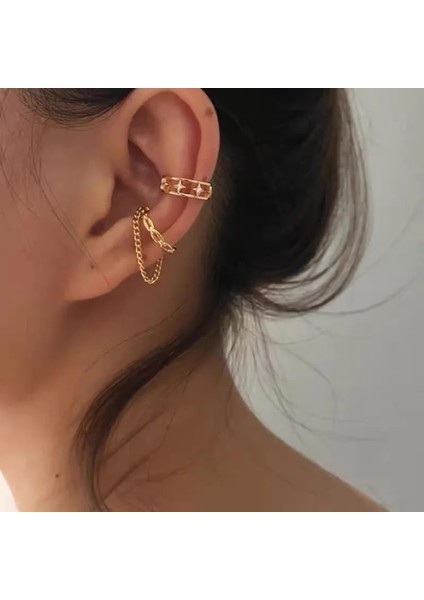 Gümüş Rengi Sıpengjel Uzun Zincirli Kulak Manşet Seti Olmayan Piercing Klipler Sahte Kıkırdak Küpe Kadınlar Takı Için Küpe Sahte Piercing Klip (Yurt Dışından)