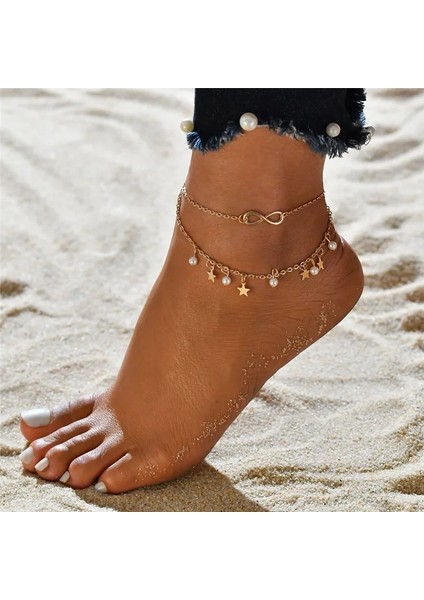 NO.50184 Beden Bohemia Çok Katmanlı Boncuk Halhal Seti Moda Sequins Yıldız Ayak Bileği Bilezikler Kadınlar Için Yaz Plaj Ayak Takı Bacak Zinciri Halhal (Yurt Dışından)