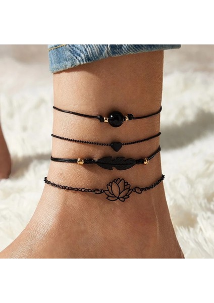 4 Adet AB10024 4 Adet Yeni Siyah Tüy Lotus Halhal Kadınlar Için Moda Kalp Charm Boho Bilezik Kadınlar Için Bilek Zinciri Bilezikler Parti Takı (Yurt Dışından)