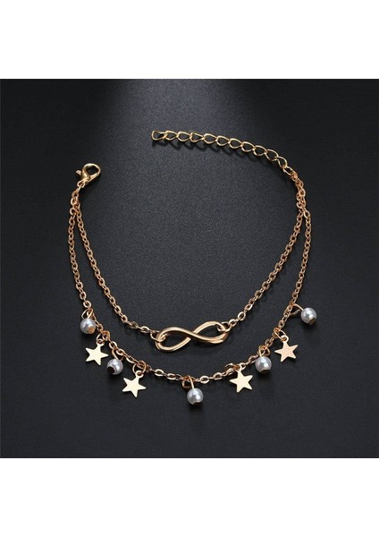 NO.50160 Beden Boho Altın Renk Yıldız Sonsuzluk Halhal Moda Çok Katmanlı Ayak Zinciri Kadınlar Için Yeni Simüle Inci Halhal Bilezik Plaj Takı (Yurt Dışından) fırsatları