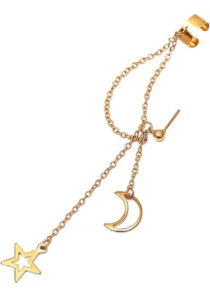 NO.64296 Beden Vagzeb Fashion Moon Yıldız Klipsli Küpe Kulak Kancası Altın Gümüş Renk Kulak Clain Kadınlar Için Çift Deldi Küpe (Yurt Dışından)