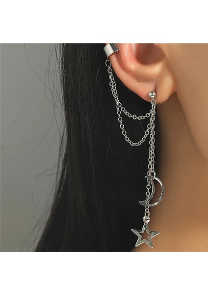 NO.64296 Beden Vagzeb Fashion Moon Yıldız Klipsli Küpe Kulak Kancası Altın Gümüş Renk Kulak Clain Kadınlar Için Çift Deldi Küpe (Yurt Dışından) fiyatları
