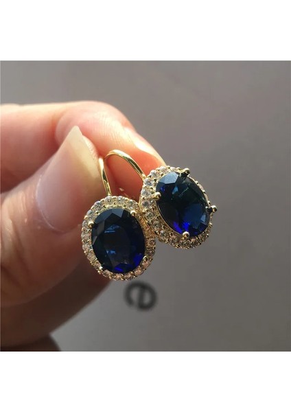 Altın Mavi Kristal Kadın Küçük Oval Küpe Lüks Gümüş Renk Klip Küpe Kadınlar Için Beyaz Mavi Kırmızı Mor Küpe (Yurt Dışından)