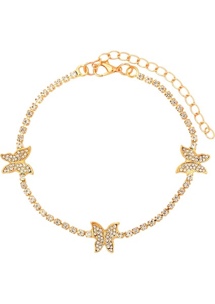 004801GD Bynouck Büyük Rhinestone Tenis Halhal Zinciri Kadınlar Için Kristal Kelebek Charms Takı Çok Katmanlı Ayak Bilezik Lüks Takı (Yurt Dışından)
