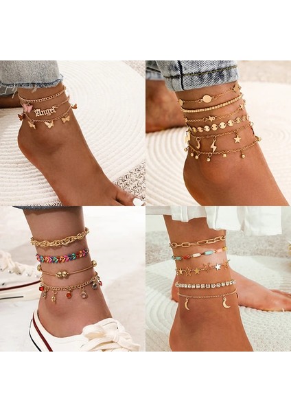 No.26 Boyutu Boho Kabuk Yıldız Zinciri Ayak Bileği Bilezik Kadınlar Için Set Denizyıldızı Anahtar Kelebek Charm Ayak Bileği Ayak Takı Aksesuarları (Yurt Dışından)