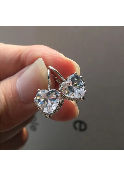 Gümüş Beyaz Lüks Kadın Küçük Kalp Küpe Boho Gümüş Renk Klip Küpe Kadınlar Için Kristal Beyaz Yeşil Sarı Taş Küpe (Yurt Dışından)