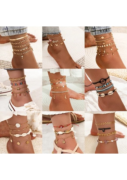 No.36 Beden Bohemia Kabuk Yıldız Zinciri Ayak Bileği Bilezik Bacak Ayak Takı Boho Denizyıldızı Anahtar Kelebek Charm Halhal Kadın Aksesuarları Için Set (Yurt Dışından) fırsatları