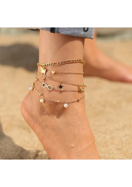 LA51475 Altın Moda Yılan Zinciri Çok Katmanlı Halhal Kadın Boncuk Halhal Bacak Zinciri Ayak Bileği Bilezikler Plaj Ayak Takı Aksesuarları (Yurt Dışından) indirimleri