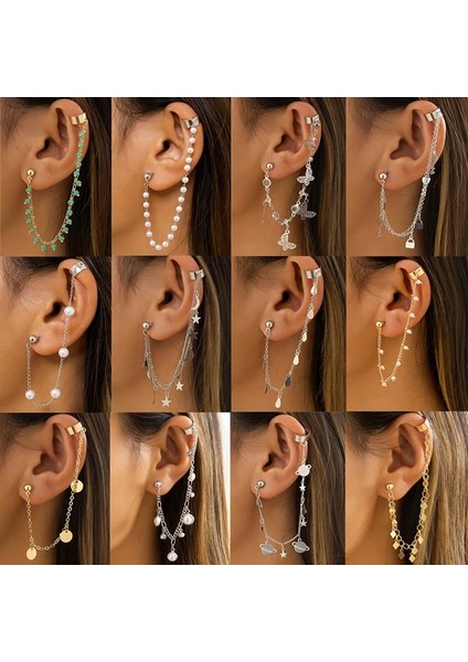 EJ178 Gümüş 18 Moda Altın Metal Püskül Zincir Klip Küpe Kadınlar Için Basit Hiçbir Piercing Sahte Kıkırdak Kulak Manşet Kulak Klipsi Küpe Takı (Yurt Dışından)