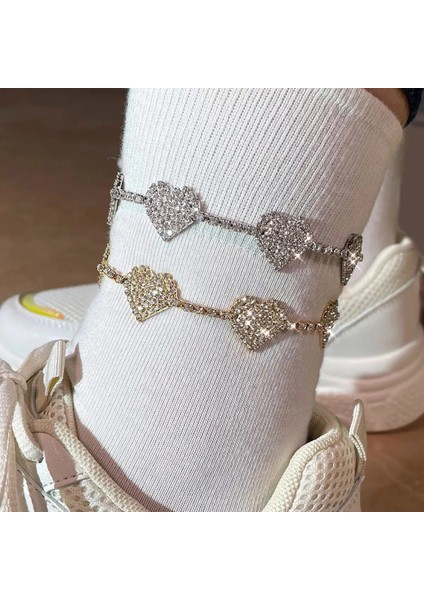 J008202SL Caraquet Lüks Tam Rhinestone Aşk Kalp Kadınlar Için Halhal Altın Gümüş Renk Kristal Çay Bağlantı Ayak Bilezik Takı (Yurt Dışından) modelleri