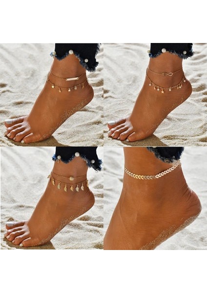 JL011 Goldsilver Renk Bohemia Halhal Kadınlar Için Çok Katmanlı Yıldız Kolye Ayak Zinciri Ayak Bileği Bilezik Boho Halhal Accesorios Mujer (Yurt Dışından) modelleri