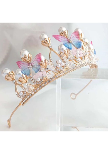 Çok Renkli Kristal Prenses Taç Taklidi Tiara Kızlar Için Doğum Günü Düğün Modeli Podyum Kraliçe Taç Inci Kelebek Dekor Saç Takı (Yurt Dışından) modelleri