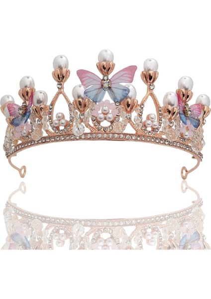 Çok Renkli Kristal Prenses Taç Taklidi Tiara Kızlar Için Doğum Günü Düğün Modeli Podyum Kraliçe Taç Inci Kelebek Dekor Saç Takı (Yurt Dışından) fırsatları