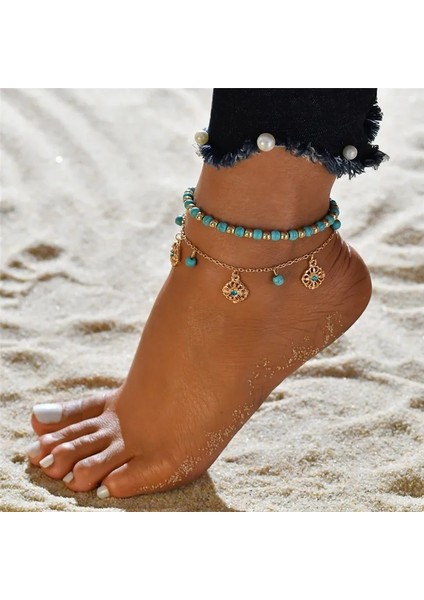 NO.50159 Beden Letapı Vintage Gümüş Renk Çok Katmanlı Halhal Kadınlar Için Bohemian Kaplumbağa Kabuklu Boncuk Yaprakları Halhal Bilezik Boho Takı (Yurt Dışından)